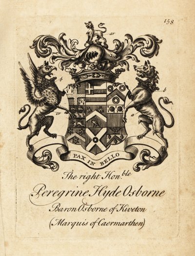 Våpenskjold til høyre ærede Peregrine Hyde Osborne, 2. hertug av Leeds, Viscount Osborne, jarl av Danby, markis av Carmarthen av Andrew Johnston