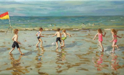 Strandfotball, Sheringham, 2018 (olje på lerret) av Andrew Macara