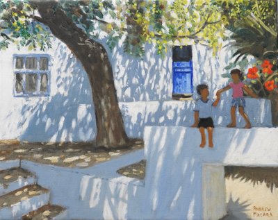 Blå dør, Mykonos, Hellas, 2024 (olje på lerret) av Andrew Macara