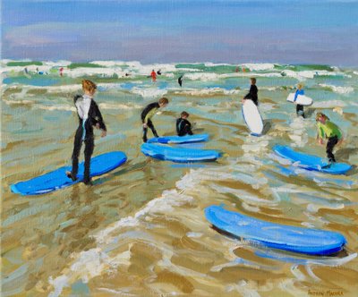 Blå surfebrett, Bude. 20x24",2019,(olje på lerret) av Andrew Macara