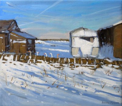 Caravan and Geese, Derbyshire, 2011 (olje på lerret) av Andrew Macara