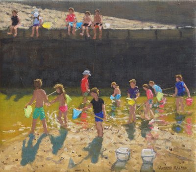 Crabbing in the Harbour, Bude, Cornwall, 2018, (olje på lerret) av Andrew Macara