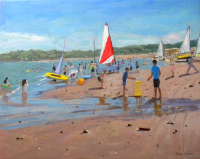 Cricket og rødt og hvitt seil, Abersoch, 2011 av Andrew Macara