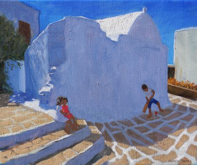 Cricket ved kirkeveggen, Mykonos (olje på lerret) av Andrew Macara