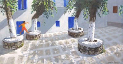 Four Trees, Mykonos Town, 2022 (olje på lerret) av Andrew Macara