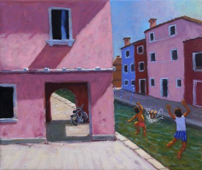 Hoppe inn i kanalen, Murano, Venezia, 2021 (olje på lerret) av Andrew Macara