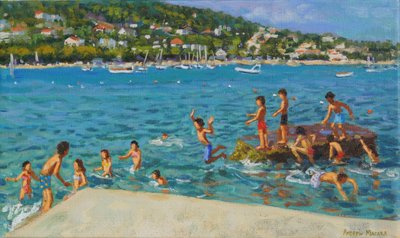 Hoppe fra steinene; Cinque Terre, Positano, Italia, 2000 (olje på lerret) av Andrew Macara