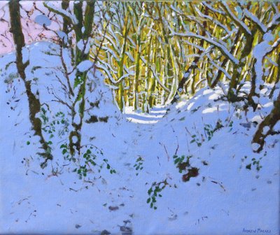 Sti gjennom skogen om vinteren, Derbyshire, (olje på lerret) av Andrew Macara