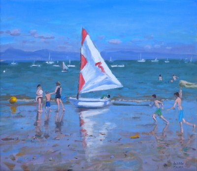 Rød og hvit seilbåt, Abersoch (olje på lerret) av Andrew Macara