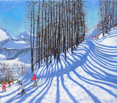 Ski, La Daille, Tignes, Frankrike. 2015, (olje på lerret) av Andrew Macara