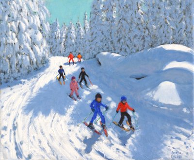 Gå på ski nedover stien ,Courchevel ,2018,(olje på lerret) av Andrew Macara