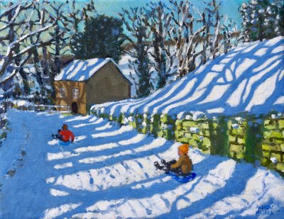 Sledging, Upper Hulme, Leek, 2020, (olje på lerret) av Andrew Macara