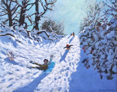 Sledging, Calke Abbey, Ticknall, Derby, 2021 (olje på lerret) av Andrew Macara
