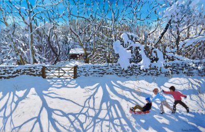 Sledging, Gambols Lane, Dovehead, High Peak, Derbyshire, 2021 (olje på lerret) av Andrew Macara