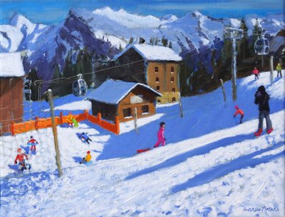 The Ice Rink, Samoens, Frankrike, 2022 (olje på lerret) av Andrew Macara