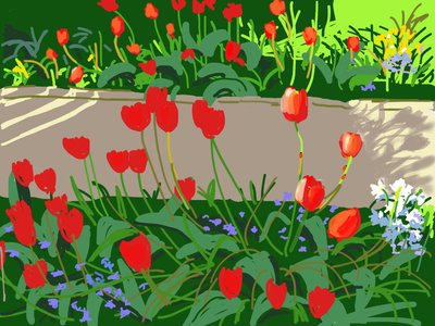 Tulipaner og marihøner, 2017, (iPad-maleri) av Andrew Macara