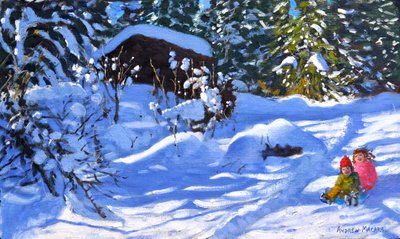 To på en slede, The Orchard, Morzine, (olje på lerret) av Andrew Macara