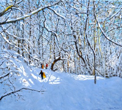 Gule og oransje sleder, Allestree Park, Derby. 36 x40,2018, av Andrew Macara