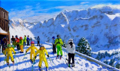 Unge skiløpere i gult, Val Gardena Italia.12x20 av Andrew Macara