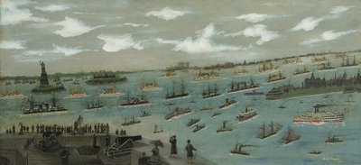 Gjennomgang av USAs flåte i New York Harbor med Frihetsgudinnen, 1893 av Andrew Meyer