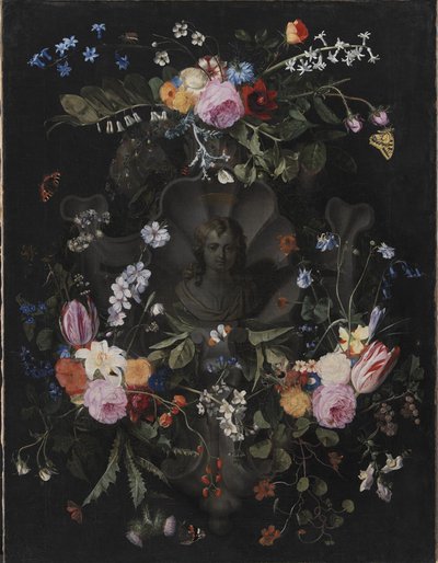 Cartouche med byste av Kristus omgitt av en krans av blomster av Andries Bosman