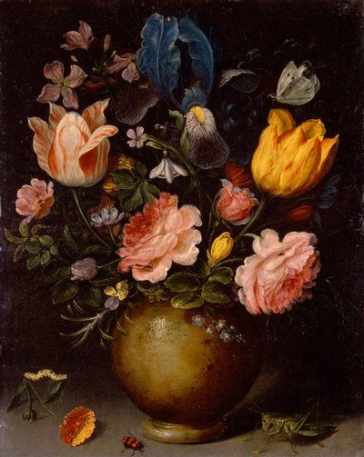 Blomsterstudie med insekter (olje på kobber) av Andries Daniels