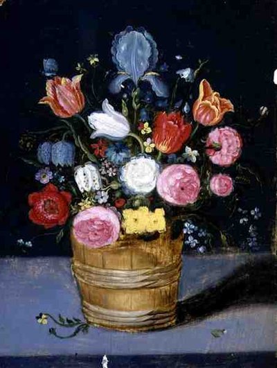 Stilleben av blomster i en trebalje (olje på panel) av Andries Daniels or Danielsz