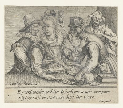 En gammel mann prøver å kjøpe en ung kvinnes kjærlighet Unequal Love (serietittel) av Andries Jacobsz. Stock (possibly)