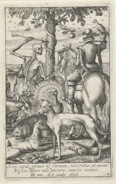 Skjelett med pil og falkoner, midt blant dyr Animal Skeletons (serietittel) av Andries Jacobsz. Stock
