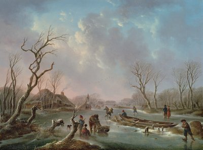 Skatere på en frossen elv av Andries Vermeulen