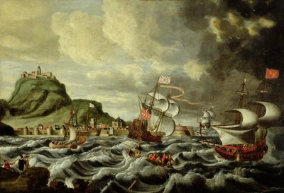 En havnescene, muligens Genova av Andries van Eertvelt