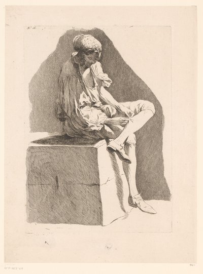 Karikatur av en gutt som syr strømpen sin Karikaturer etter J. Saly (serietittel) Recueil de caricatures dessinées Par J. Saly et Gravées par A.L. DeLalive D.J. (serietittel) av Ange Laurent de, marquis de Rémoville Lalive