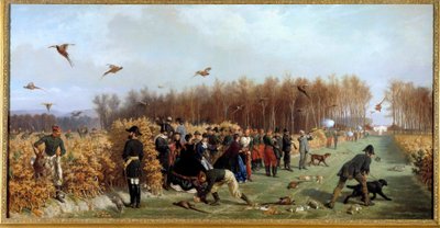 Jakt på en skyting på fasanderiet Maleri av Ange-Louis Janet Lange (1815-1872) 1800-tallet Søn. 1,1x1,9 m. Compiegne, slottsmuseum av Ange Louis Janet