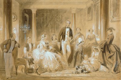 Kongelig familie i spisesalen på Osborne House (blyant med vask på papir) av Ange Louis (1815 72) Janet