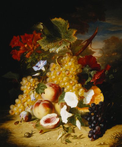 Fersken, druer, en melon, kramper og andre blomster i et landskap, av Ange Louis Guillaume Lesourd Beauregard