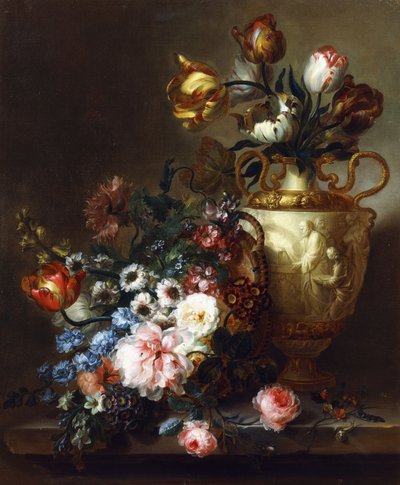 Tulipaner i en vase og roser i en kurv på en steinhylle, av Ange Louis Guillaume Lesourd Beauregard