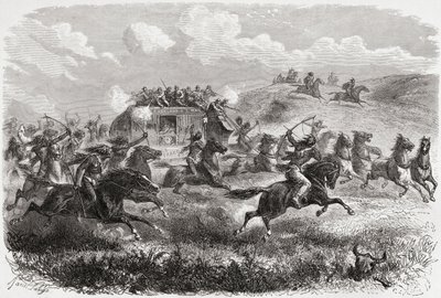Indianere angrep en transkontinental diligens i 1867, illustrasjon fra 'The World in the Hands', gravert av Charles Laplante (d.1903), publisert 1878 av Ange Louis Janet