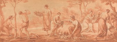 En frise: Menn planter trær, kvinner samler blomster og vanner blomster av Angelica Kauffmann