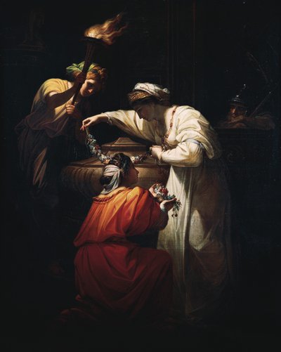 Cleopatra Decorating the Tomb of Mark Anthony, av Angelica Kauffmann (1741-1807), olje på lerret av Angelica Kauffmann