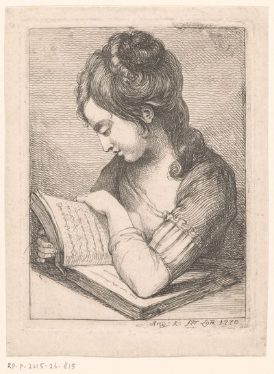 Ung kvinne leser ved et bord og hviler albuen på en bok av Angelica Kauffmann