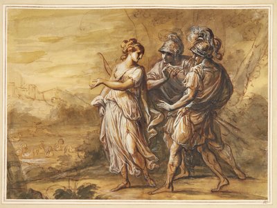 Mytologisk scene. Ung kvinne med bue vendt mot to bevæpnede menn av Angelica Kauffmann