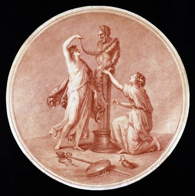 Nymfer som pryder en statue av Pan, gravert av William Wynne Ryland (1732-83) 1776 (rød stiplegravering) av Angelica after Kauffmann