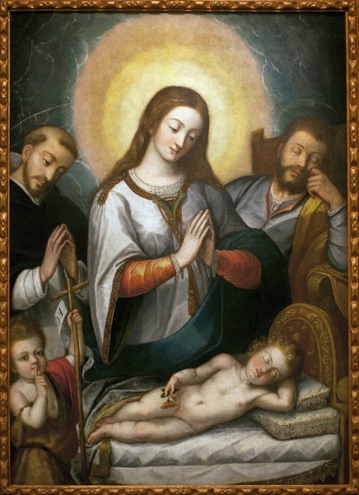 Den hellige familie med døperen Johannes og den hellige Dominikus. Maleri av Angelino Medoro (1576-1633), olje på lerret av Angelino Medoro