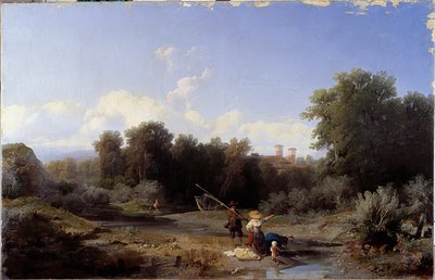 Landskap eller "" Fiske"" (Fiske i en elv) Maleri av Angelo Beccaria (1820-1897) 1855 Dim 94x146 cm Genes, Galleria d