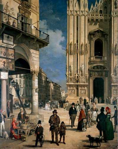 Marche de Figini i Milano (Piazza del Duomo med et hjørne av Coperto dei Figini) Detalj av Angelo Inganni