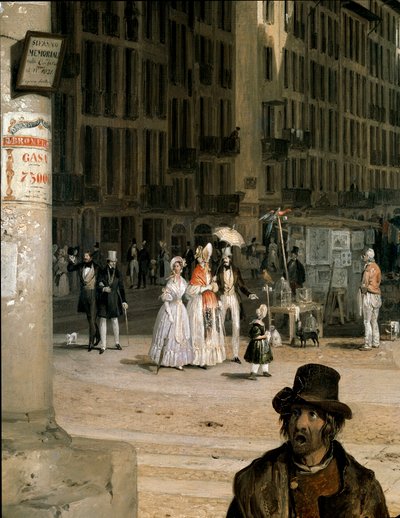 Marche de Figini a Milan (Piazza del Duomo med et hjørne av Coperto dei Figini) Detalj - Maleri av Angelo Inganni (1807-1880) av Angelo Inganni