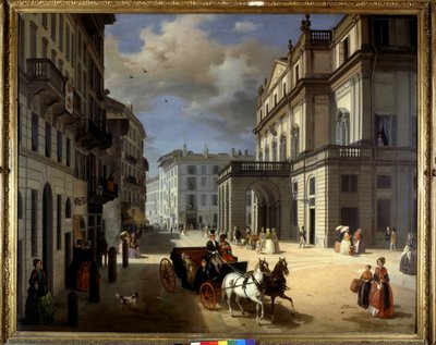 Representasjon av Plaza de la Scala i Milano av Angelo Inganni. 1800-tallet. Brera kunstgalleri, Milano. av Angelo Inganni