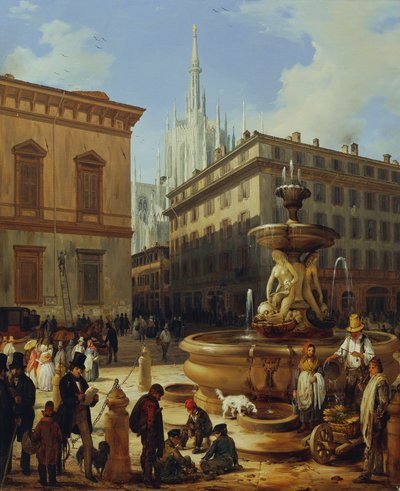 Gateutsikt fra Milano, i bakgrunnen Duomo av Angelo Inganni