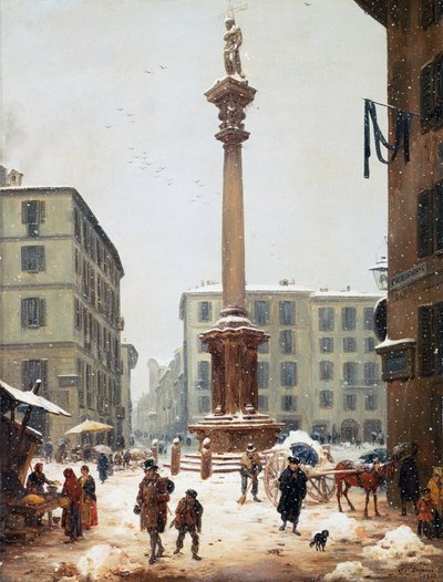 Redeemer-søylen ved Verziere (grønnsaksmarked) sett fra den gamle gaten San Bernardino i Milano av Angelo Inganni
