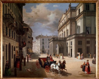 Utsikt over torget Teatro alla Scala, Milano av Angelo Inganni